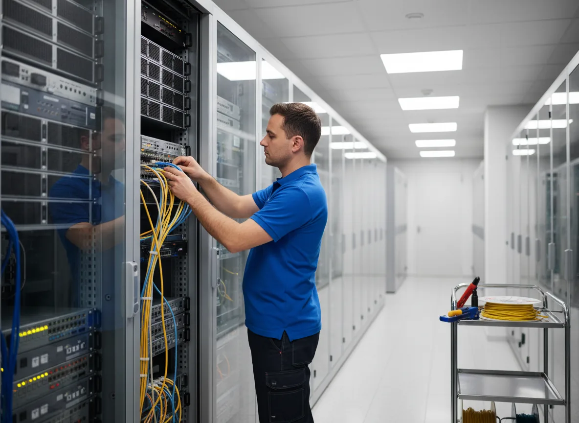 Illustration of network equipment being reviewed for a connection problem